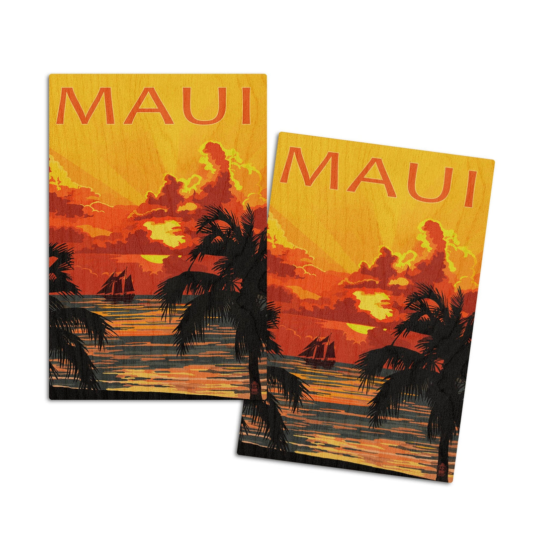 Maui, Hawaii, Sunset & Ship, Lantern Press Artwork, Wood Signs and Postcards Wood Lantern Press 4x6 Wood Postcard Set 