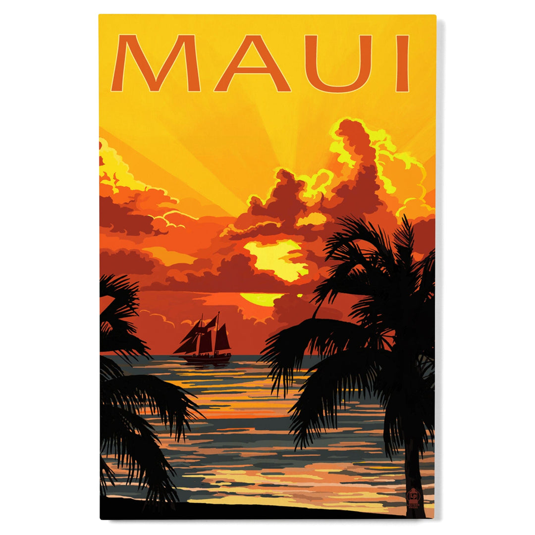Maui, Hawaii, Sunset & Ship, Lantern Press Artwork, Wood Signs and Postcards Wood Lantern Press 
