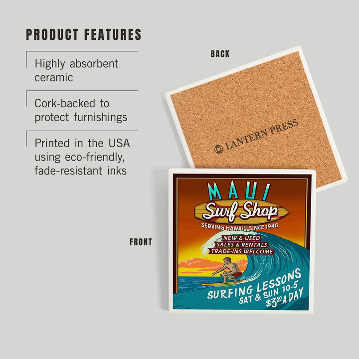 Maui, Hawaii, Surf Shop Vintage Sign, Coasters Coasters Lantern Press 