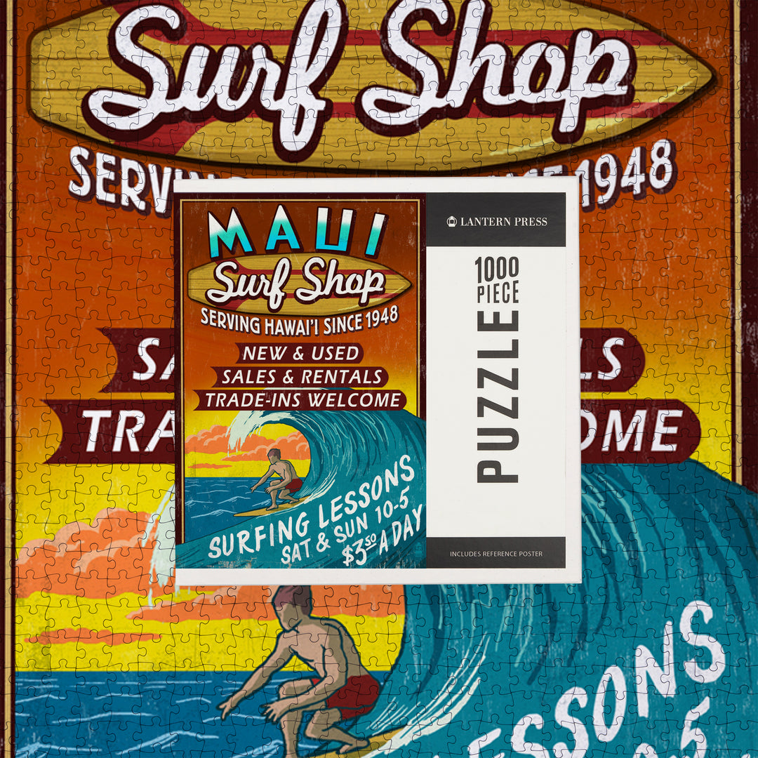 Maui, Hawaii, Surf Shop Vintage Sign, Jigsaw Puzzle Puzzle Lantern Press 