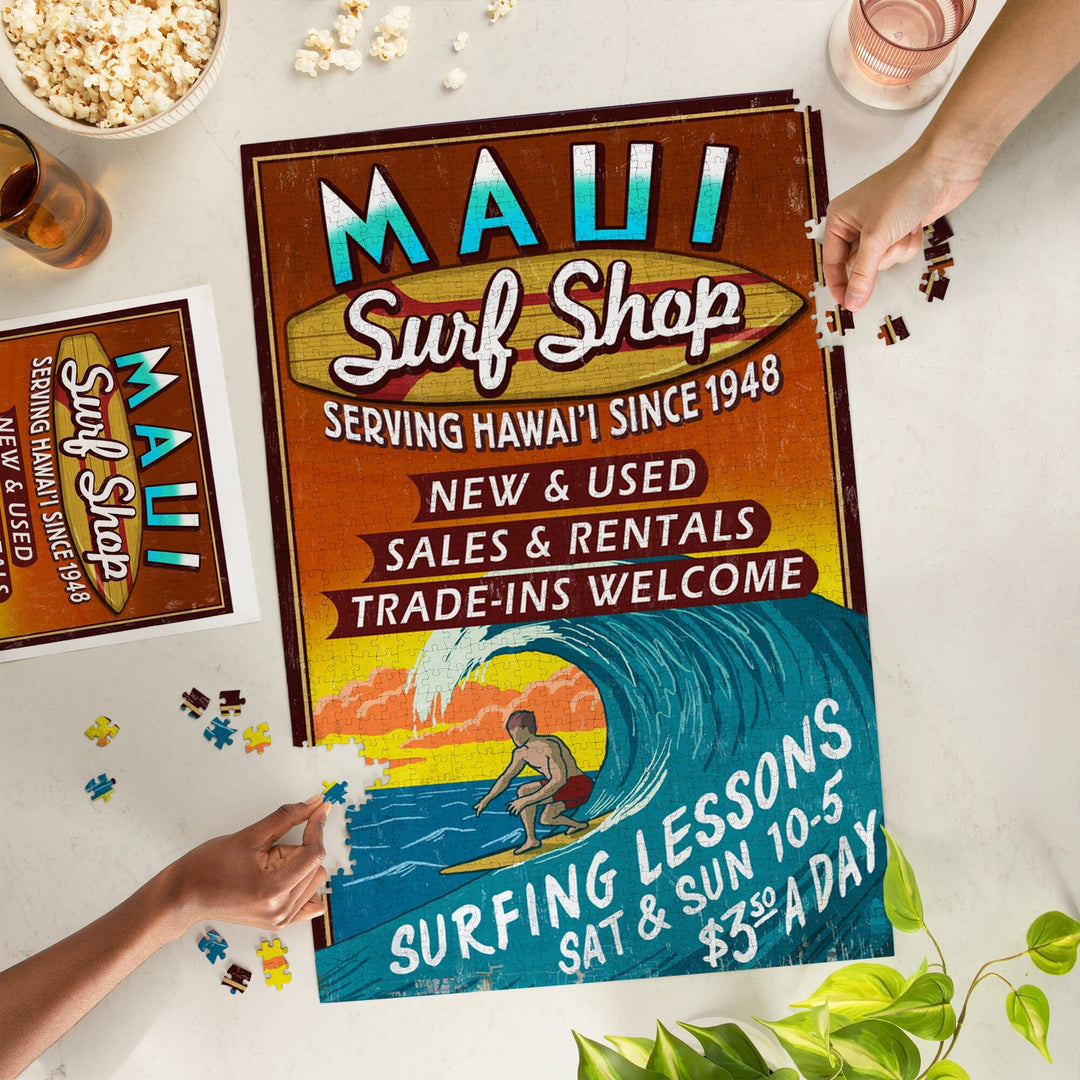 Maui, Hawaii, Surf Shop Vintage Sign, Jigsaw Puzzle Puzzle Lantern Press 