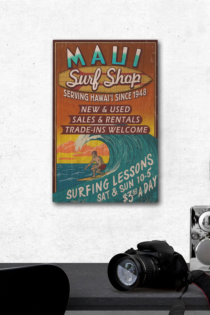 Maui, Hawaii, Surf Shop Vintage Sign, Lantern Press Artwork, Wood Signs and Postcards Wood Lantern Press 12 x 18 Wood Gallery Print 