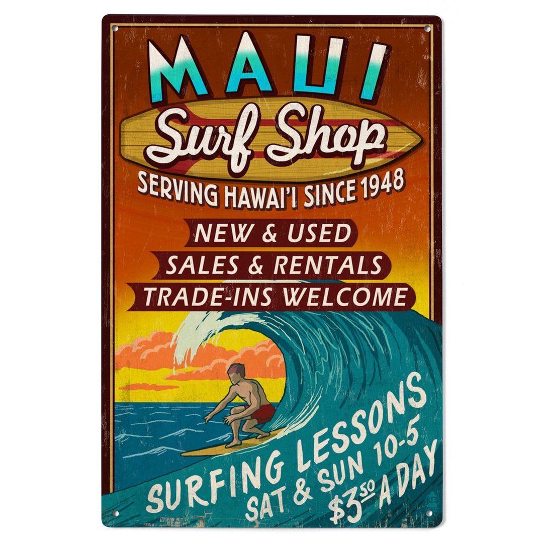 Maui, Hawaii, Surf Shop Vintage Sign, Lantern Press Artwork, Wood Signs and Postcards Wood Lantern Press 
