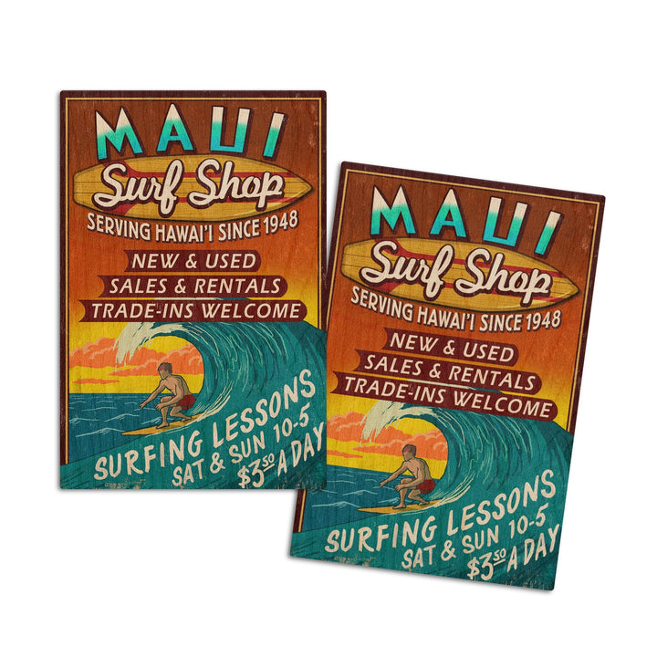 Maui, Hawaii, Surf Shop Vintage Sign, Lantern Press Artwork, Wood Signs and Postcards Wood Lantern Press 4x6 Wood Postcard Set 