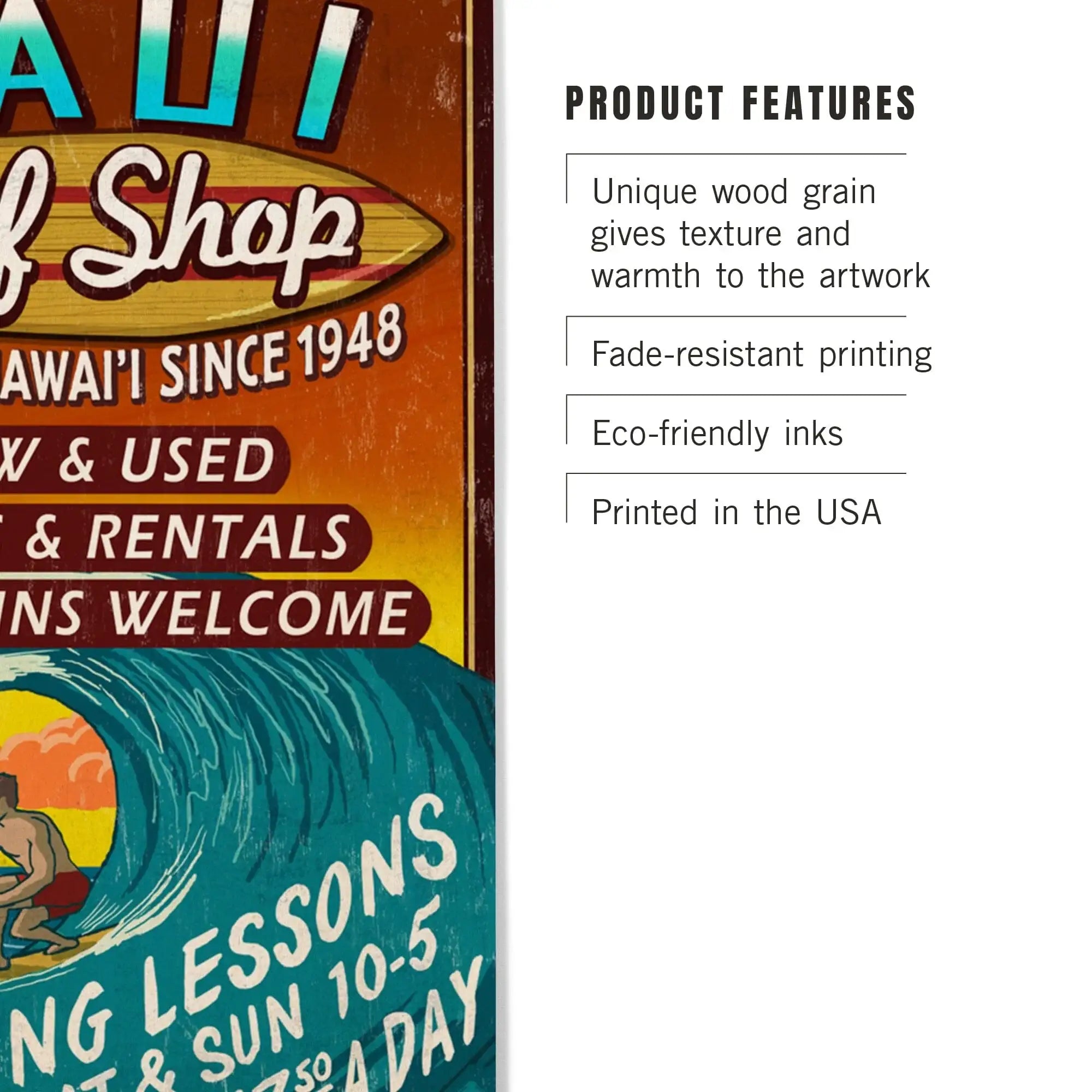 Maui, Hawaii, Surf Shop Vintage Sign, Lantern Press Artwork, Wood Sign