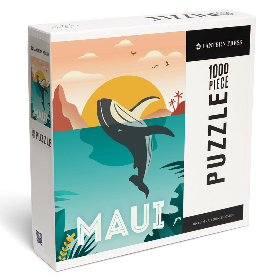 Maui, Hawaii, Whale and Tropical Sunset, Vector, Jigsaw Puzzle Puzzle Lantern Press 