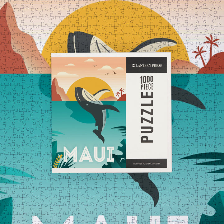 Maui, Hawaii, Whale and Tropical Sunset, Vector, Jigsaw Puzzle Puzzle Lantern Press 