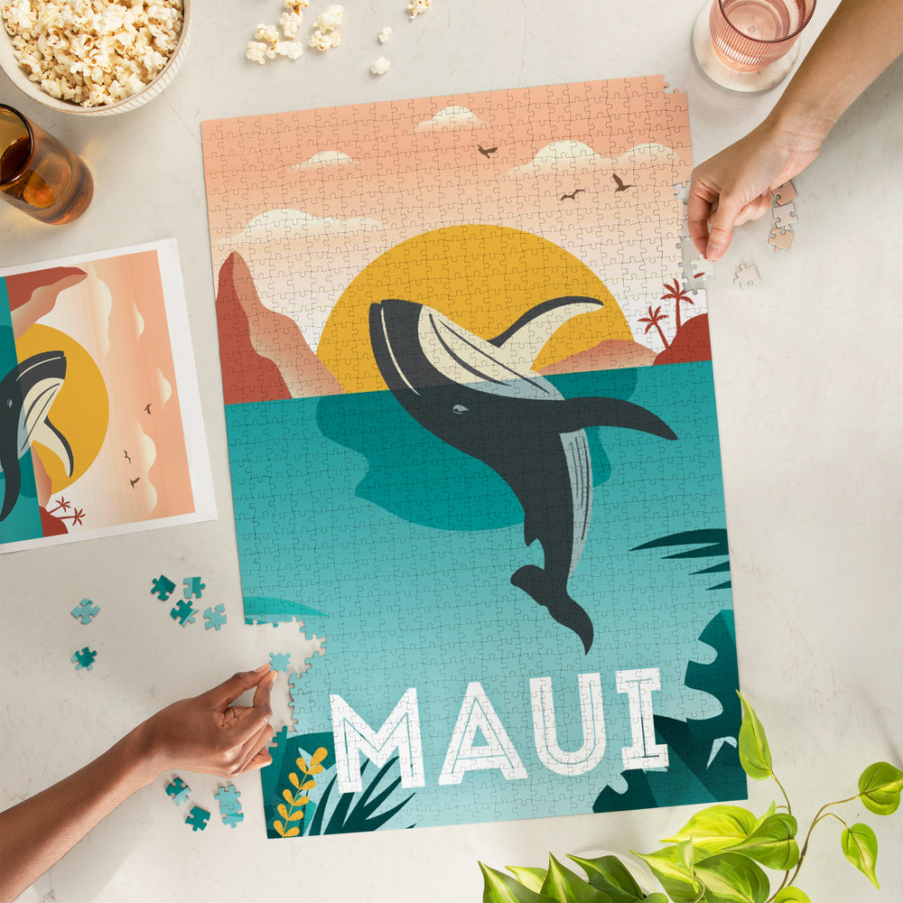 Maui, Hawaii, Whale and Tropical Sunset, Vector, Jigsaw Puzzle Puzzle Lantern Press 