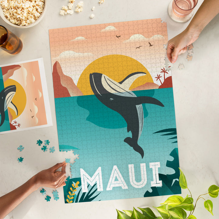 Maui, Hawaii, Whale and Tropical Sunset, Vector, Jigsaw Puzzle Puzzle Lantern Press 