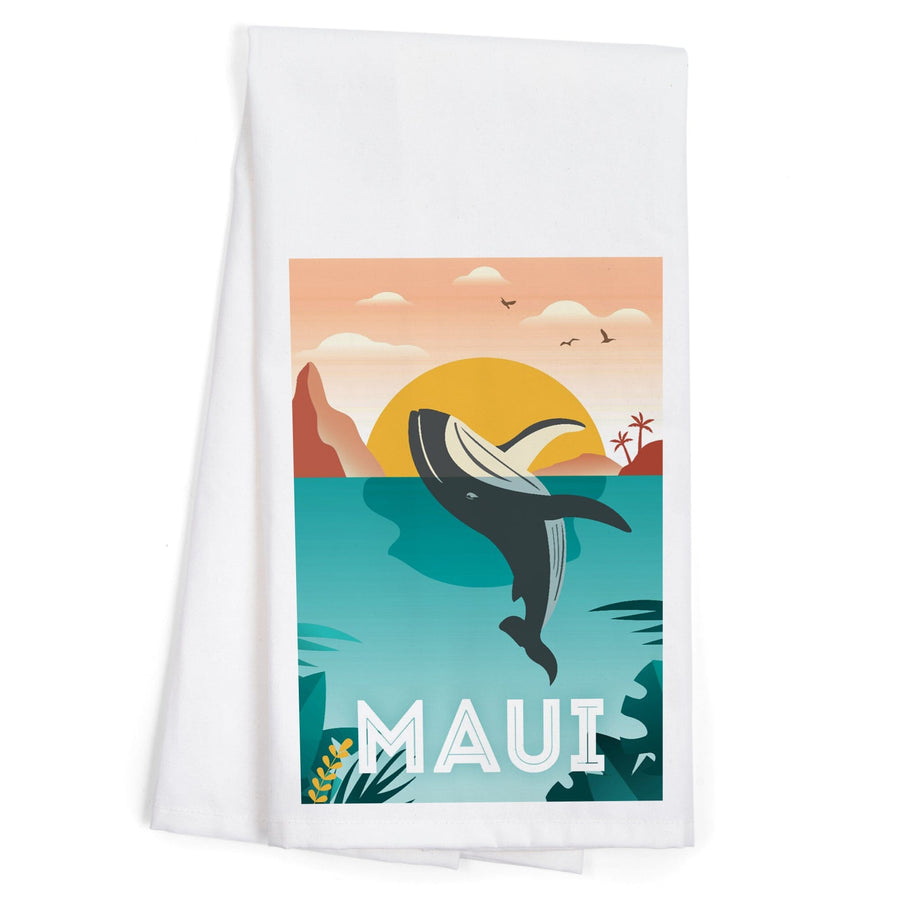 Maui, Hawaii, Whale and Tropical Sunset, Vector, Organic Cotton Kitchen Tea Towels Kitchen Lantern Press 