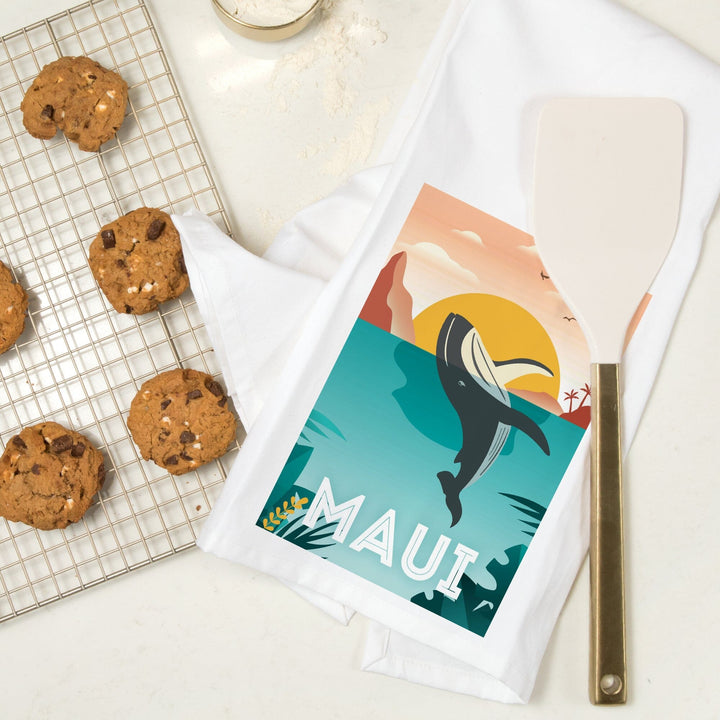 Maui, Hawaii, Whale and Tropical Sunset, Vector, Organic Cotton Kitchen Tea Towels Kitchen Lantern Press 