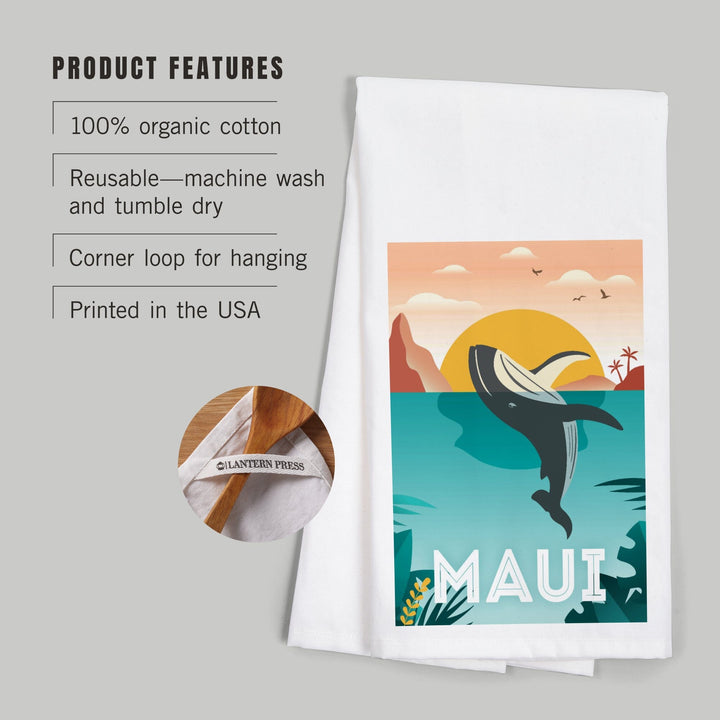 Maui, Hawaii, Whale and Tropical Sunset, Vector, Organic Cotton Kitchen Tea Towels Kitchen Lantern Press 