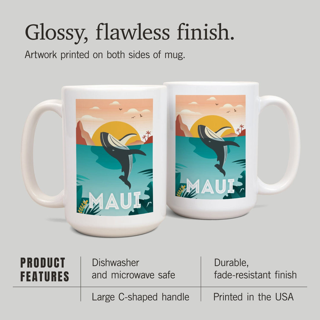 Maui, Hawaii, Whale & Tropical Sunset, Vector, Lantern Press Artwork, Ceramic Mug Mugs Lantern Press 