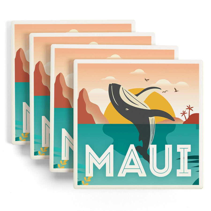 Maui, Hawaii, Whale & Tropical Sunset, Vector, Lantern Press Artwork, Coaster Set - Lantern Press