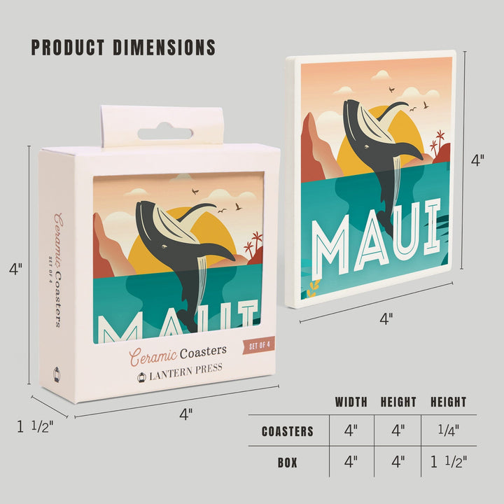 Maui, Hawaii, Whale & Tropical Sunset, Vector, Lantern Press Artwork, Coaster Set - Lantern Press