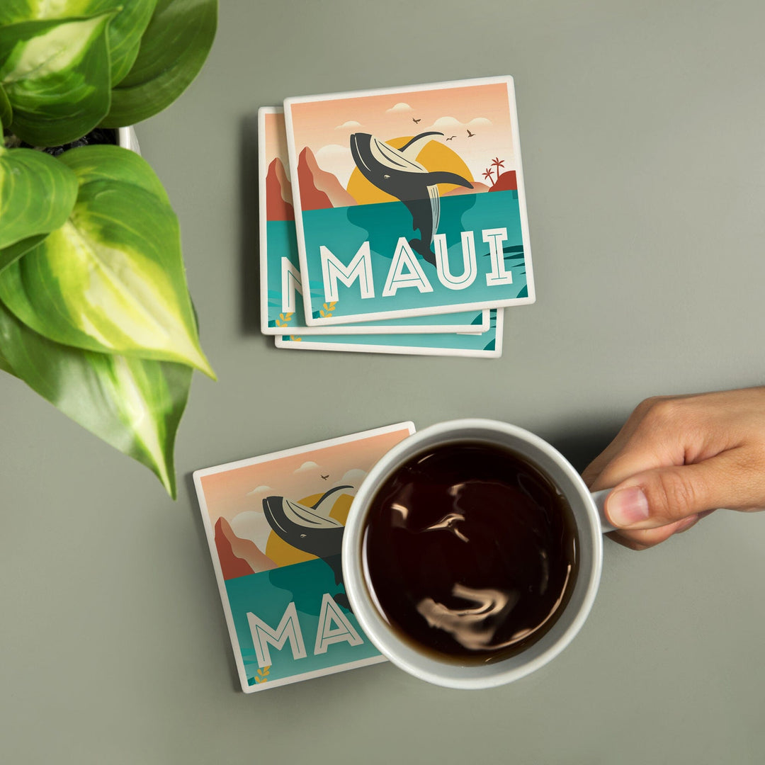 Maui, Hawaii, Whale & Tropical Sunset, Vector, Lantern Press Artwork, Coaster Set - Lantern Press