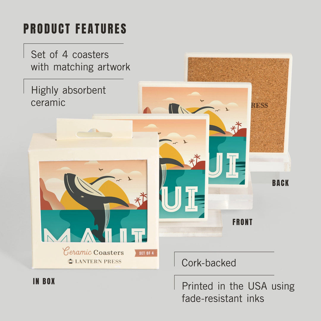 Maui, Hawaii, Whale & Tropical Sunset, Vector, Lantern Press Artwork, Coaster Set - Lantern Press