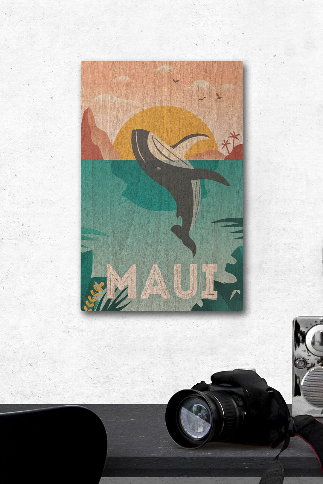 Maui, Hawaii, Whale & Tropical Sunset, Vector, Lantern Press Artwork, Wood Signs and Postcards Wood Lantern Press 12 x 18 Wood Gallery Print 