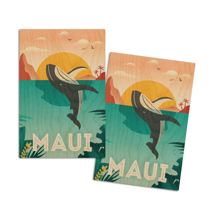Maui, Hawaii, Whale & Tropical Sunset, Vector, Lantern Press Artwork, Wood Signs and Postcards Wood Lantern Press 4x6 Wood Postcard Set 