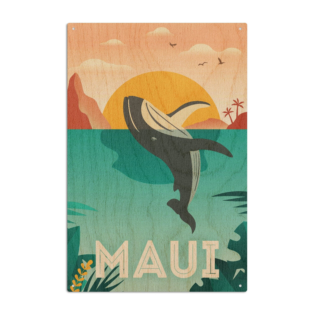 Maui, Hawaii, Whale & Tropical Sunset, Vector, Lantern Press Artwork, Wood Signs and Postcards Wood Lantern Press 6x9 Wood Sign 