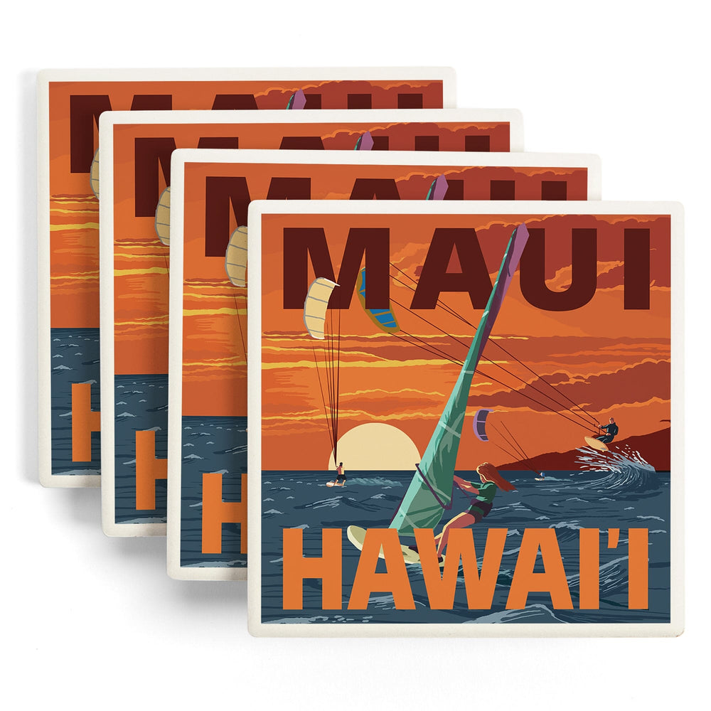 Maui, Hawaii, Windsurfers Scene at Sunset, Coasters Coasters Lantern Press 