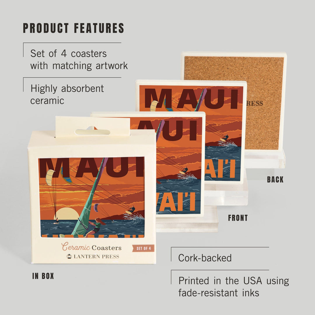 Maui, Hawaii, Windsurfers Scene at Sunset, Coasters Coasters Lantern Press 