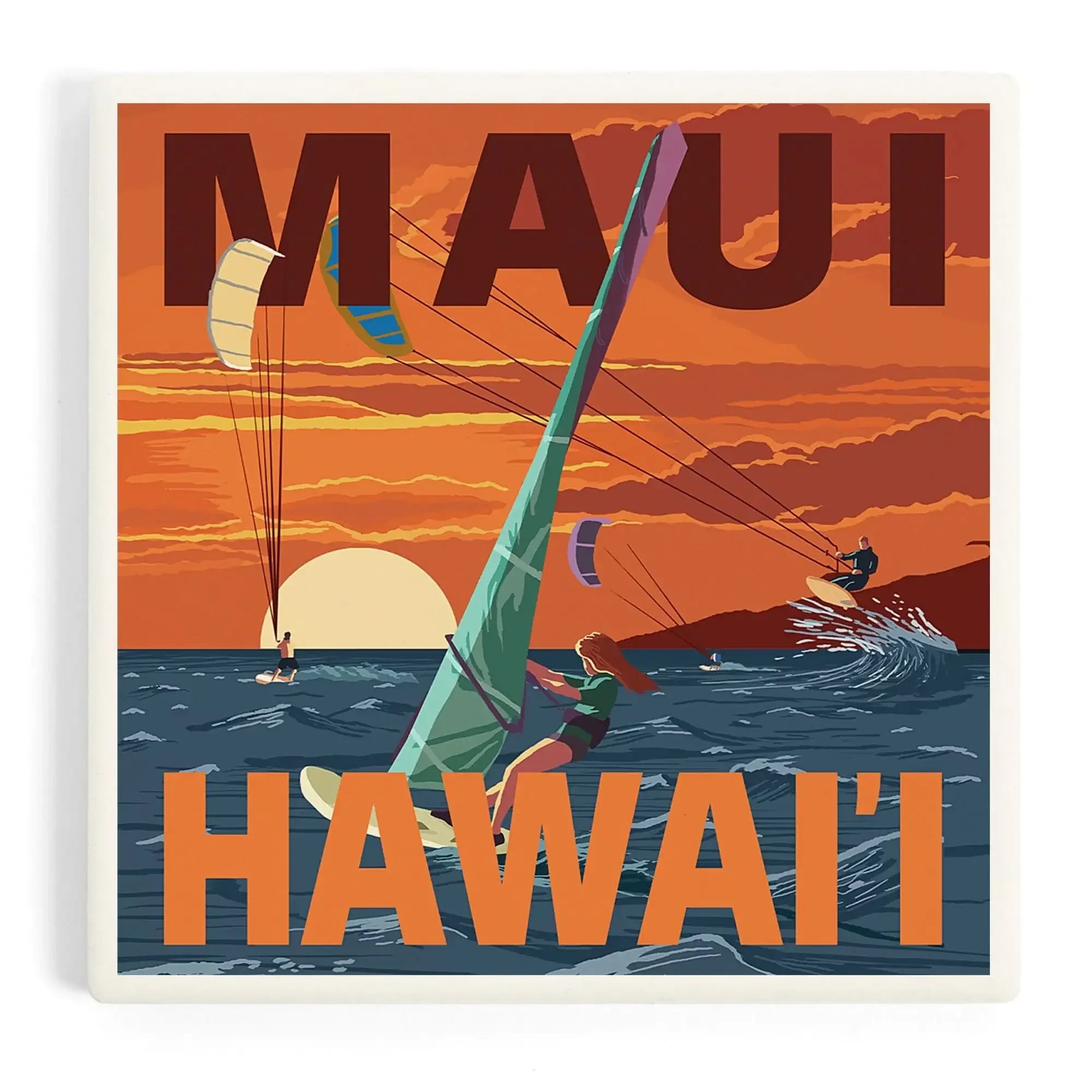 Maui, Hawaii, Windsurfers Scene at Sunset ceramic coaster set