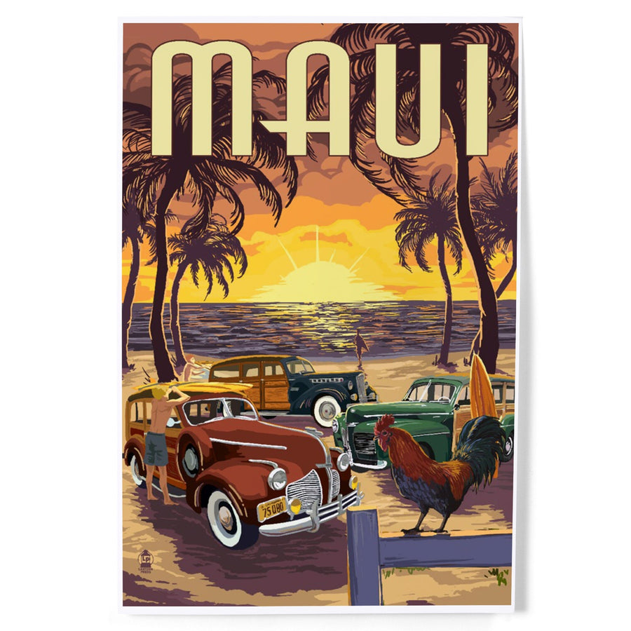 Maui, Hawaii, Woodies on the Beach with Rooster, Art & Giclee Prints Art Lantern Press 