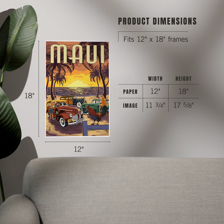 Maui, Hawaii, Woodies on the Beach with Rooster, Art & Giclee Prints Art Lantern Press 