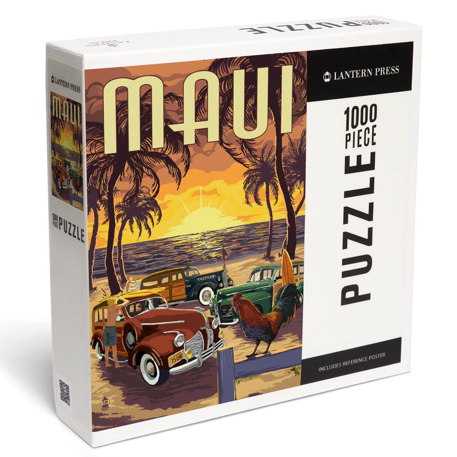 Maui, Hawaii, Woodies on the Beach with Rooster, Jigsaw Puzzle Puzzle Lantern Press 