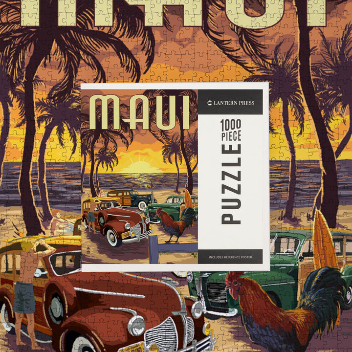 Maui, Hawaii, Woodies on the Beach with Rooster, Jigsaw Puzzle Puzzle Lantern Press 