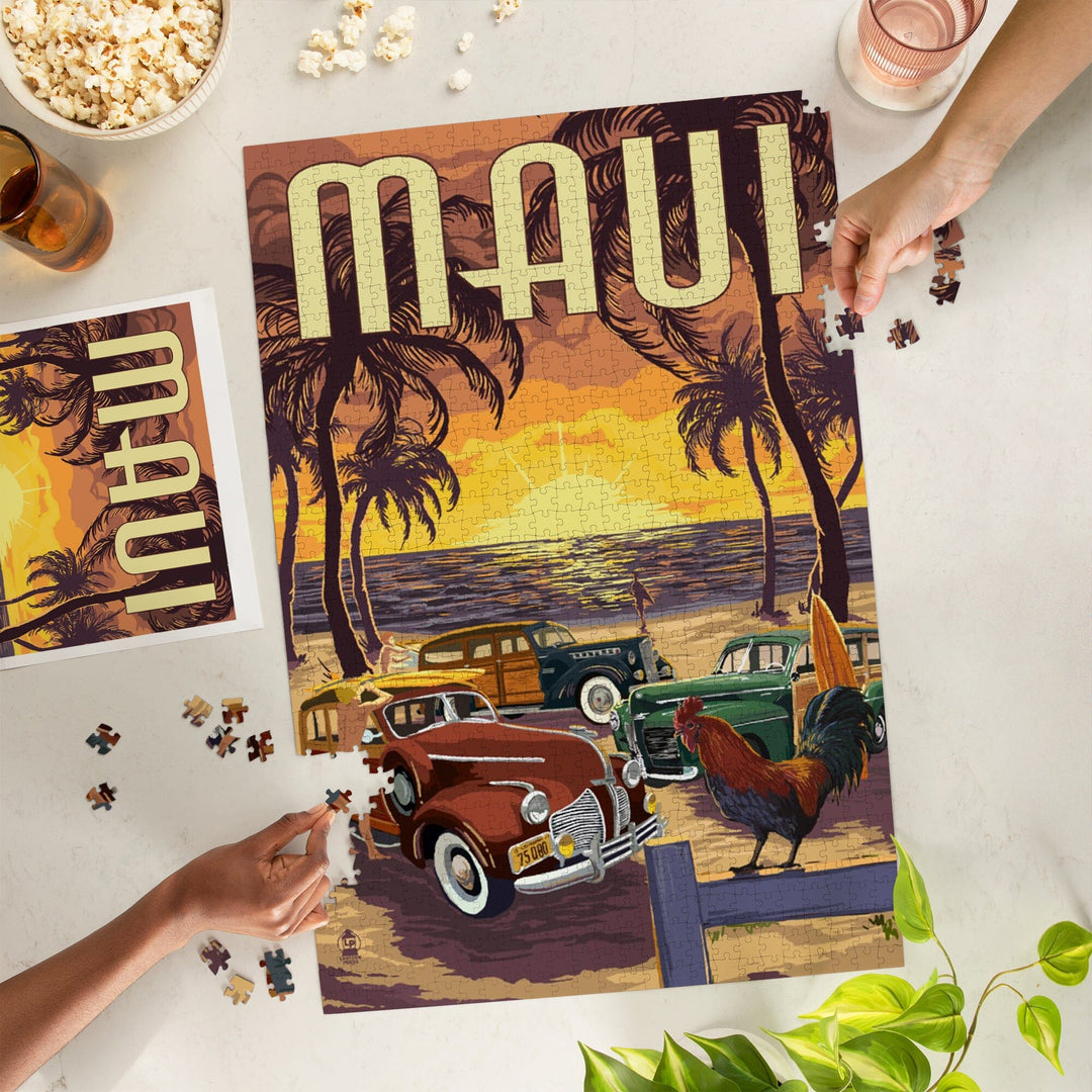 Maui, Hawaii, Woodies on the Beach with Rooster, Jigsaw Puzzle Puzzle Lantern Press 
