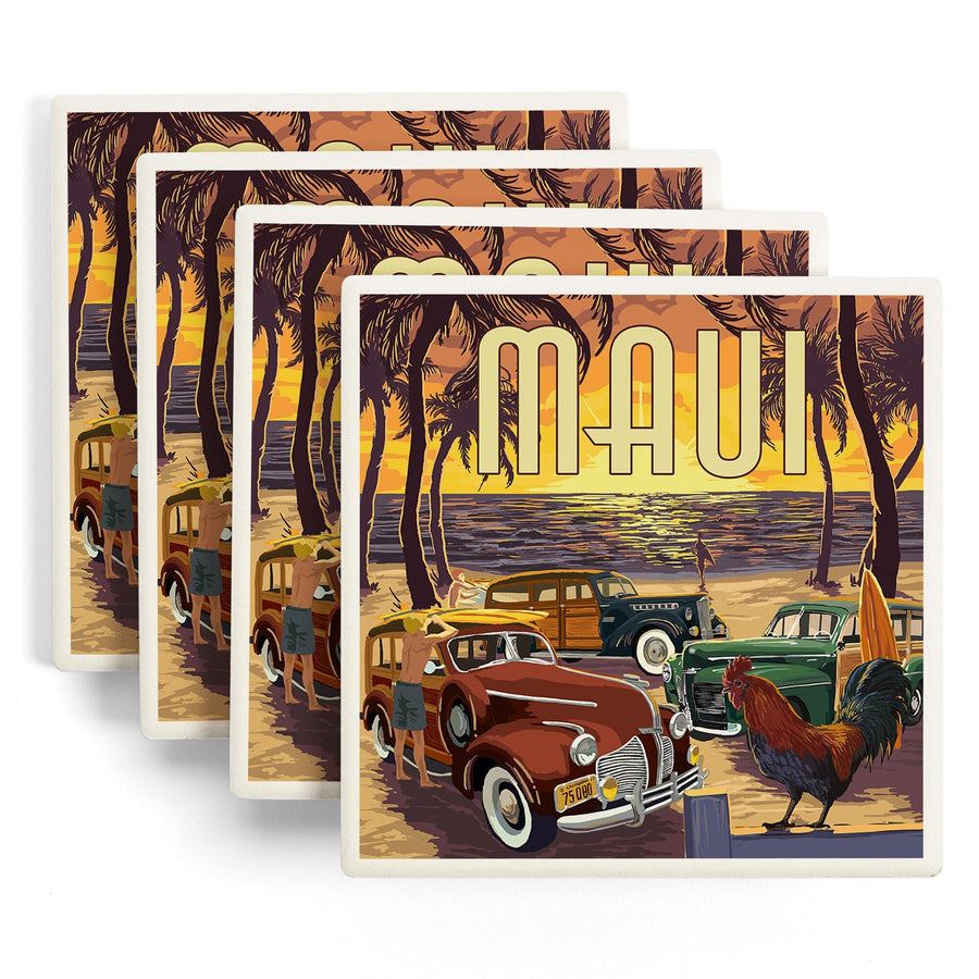 Maui, Hawaii, Woodies on the Beach with Rooster, Lantern Press Artwork, Coaster Set - Lantern Press