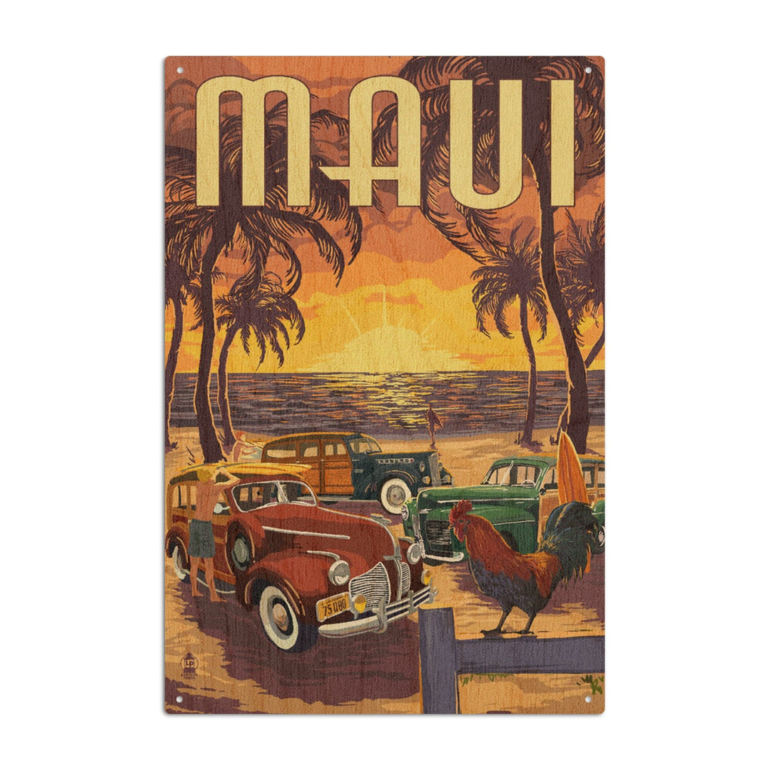 Maui, Hawaii, Woodies on the Beach with Rooster, Lantern Press Artwork, Wood Signs and Postcards Wood Lantern Press 10 x 15 Wood Sign 