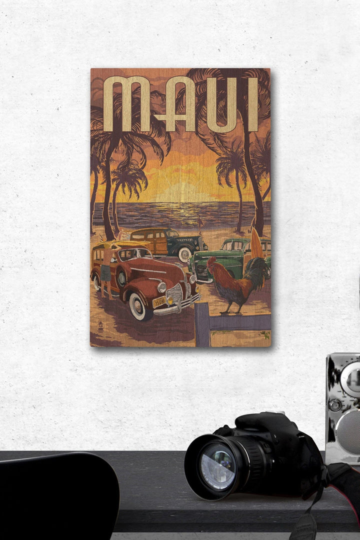 Maui, Hawaii, Woodies on the Beach with Rooster, Lantern Press Artwork, Wood Signs and Postcards Wood Lantern Press 12 x 18 Wood Gallery Print 