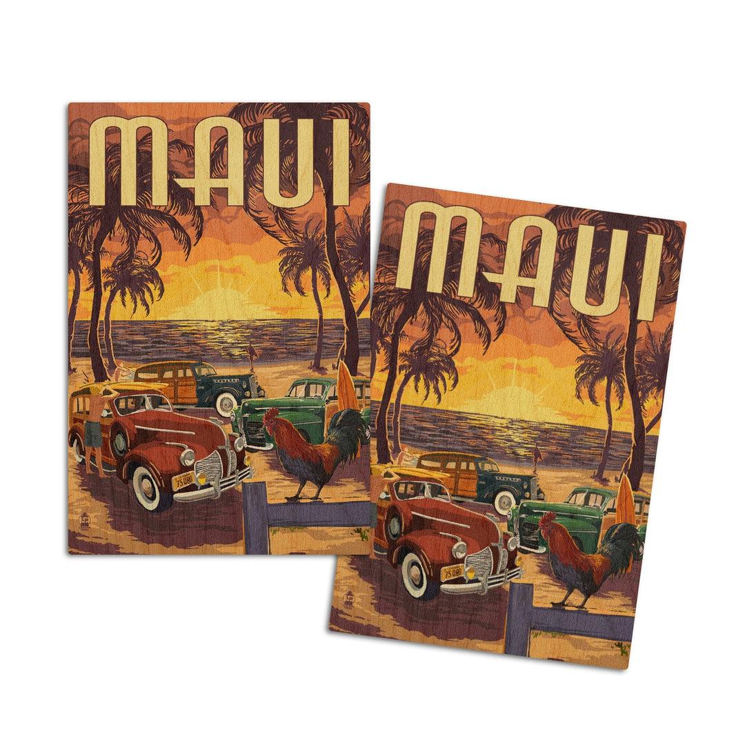Maui, Hawaii, Woodies on the Beach with Rooster, Lantern Press Artwork, Wood Signs and Postcards Wood Lantern Press 4x6 Wood Postcard Set 