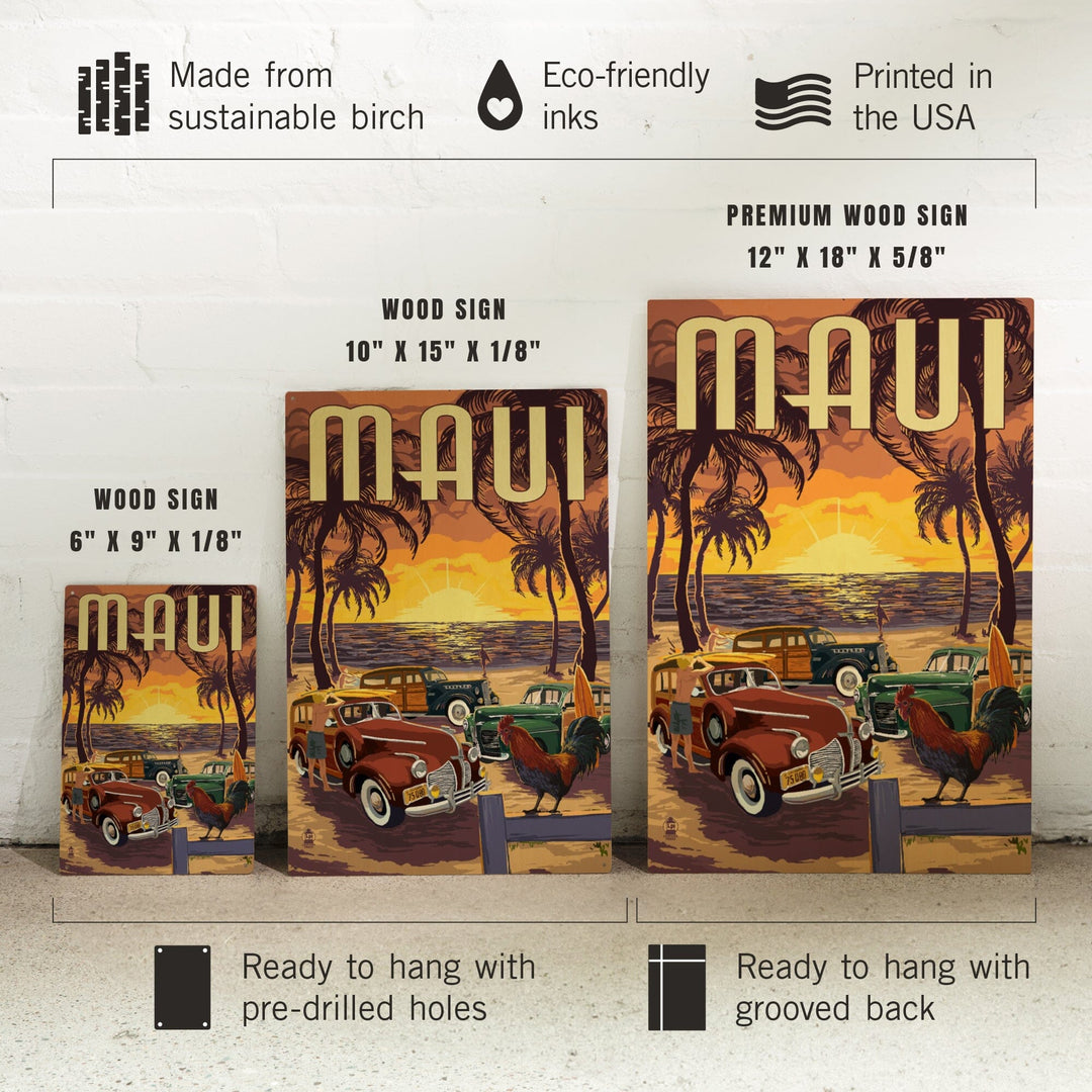 Maui, Hawaii, Woodies on the Beach with Rooster, Lantern Press Artwork, Wood Signs and Postcards Wood Lantern Press 