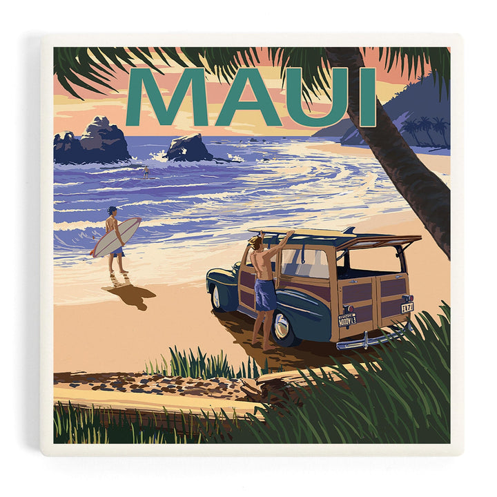 Maui, Hawaii, Woody and Beach, Coasters Coasters Lantern Press 