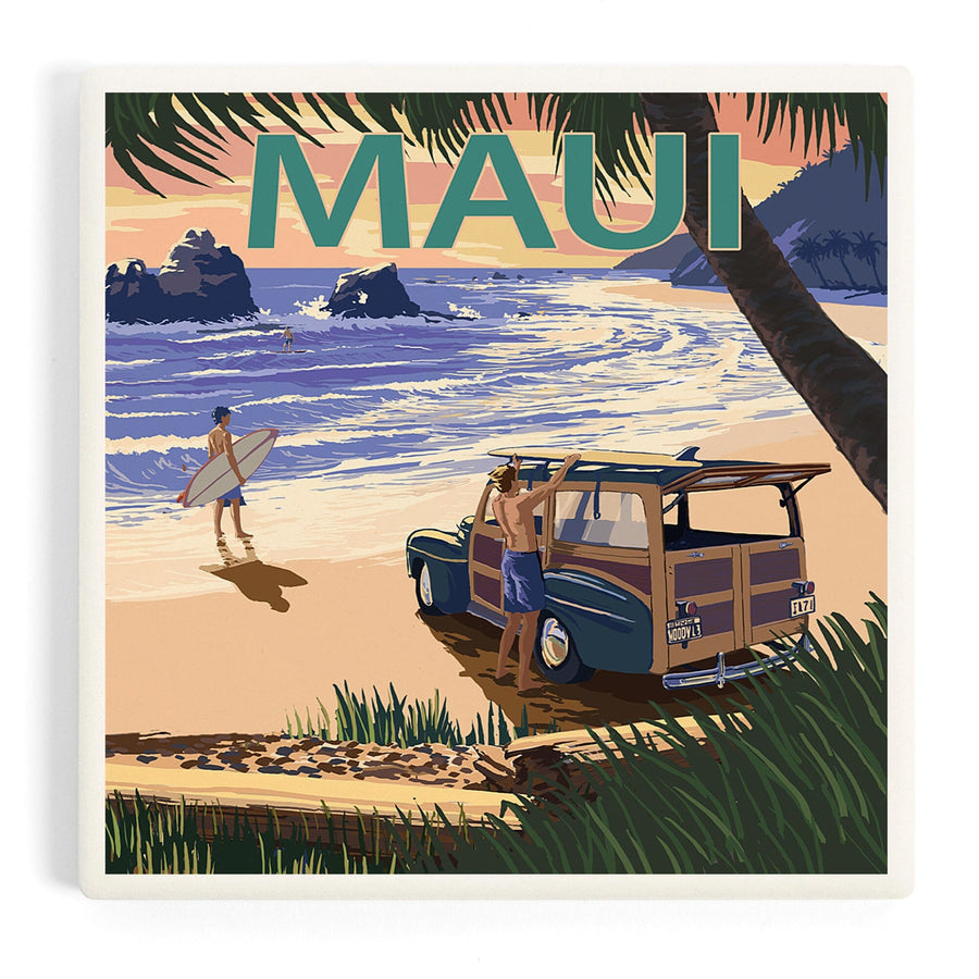 Maui, Hawaii, Woody and Beach, Coasters Coasters Lantern Press 