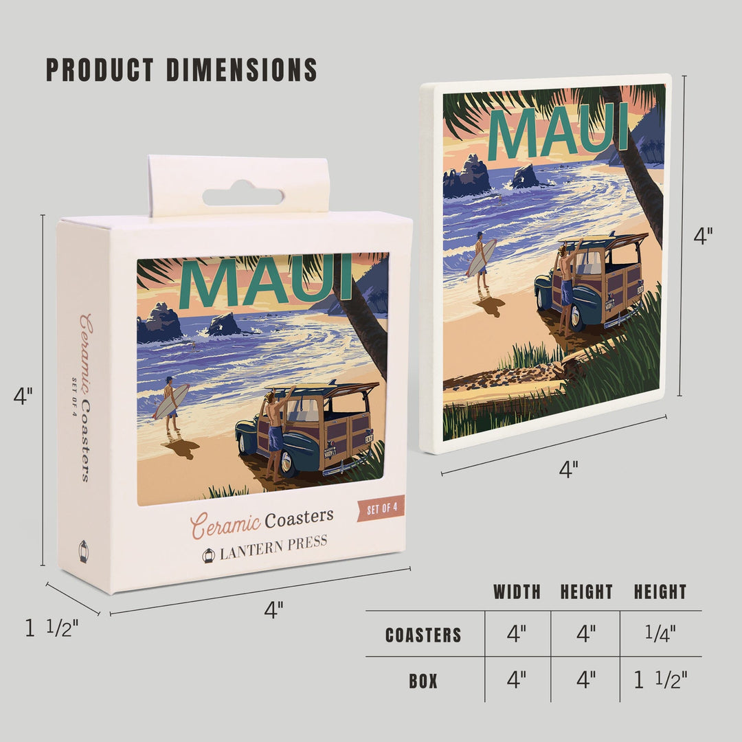 Maui, Hawaii, Woody and Beach, Lantern Press Artwork, Coaster Set - Lantern Press