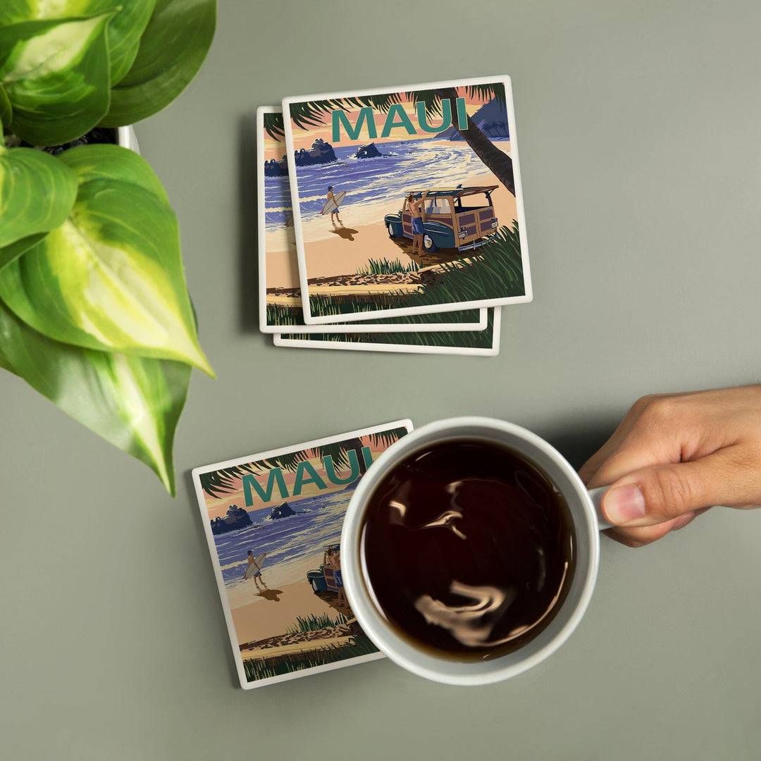 Maui, Hawaii, Woody and Beach, Lantern Press Artwork, Coaster Set - Lantern Press