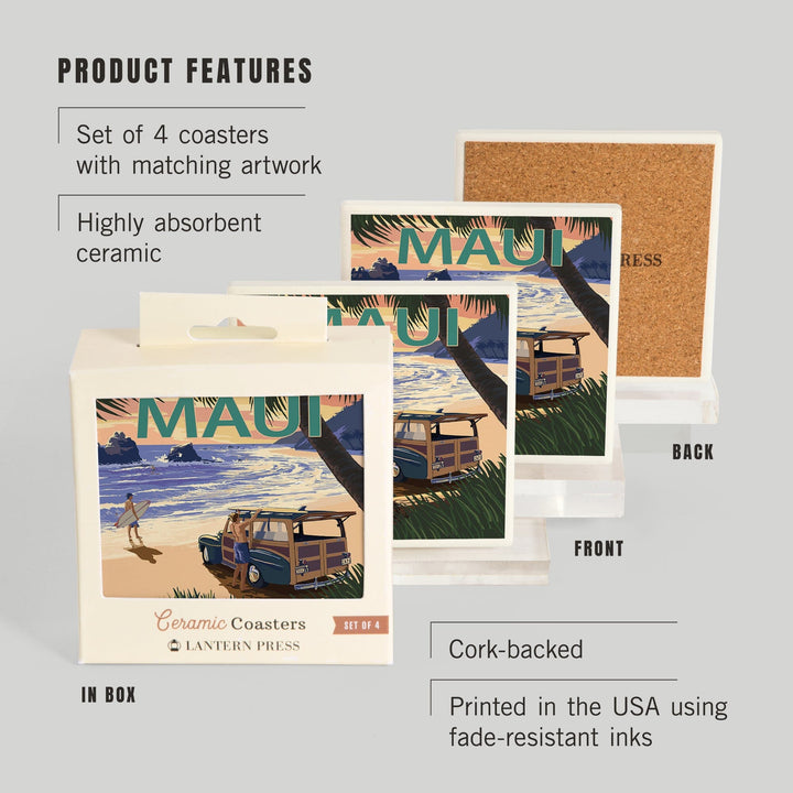 Maui, Hawaii, Woody and Beach, Lantern Press Artwork, Coaster Set - Lantern Press