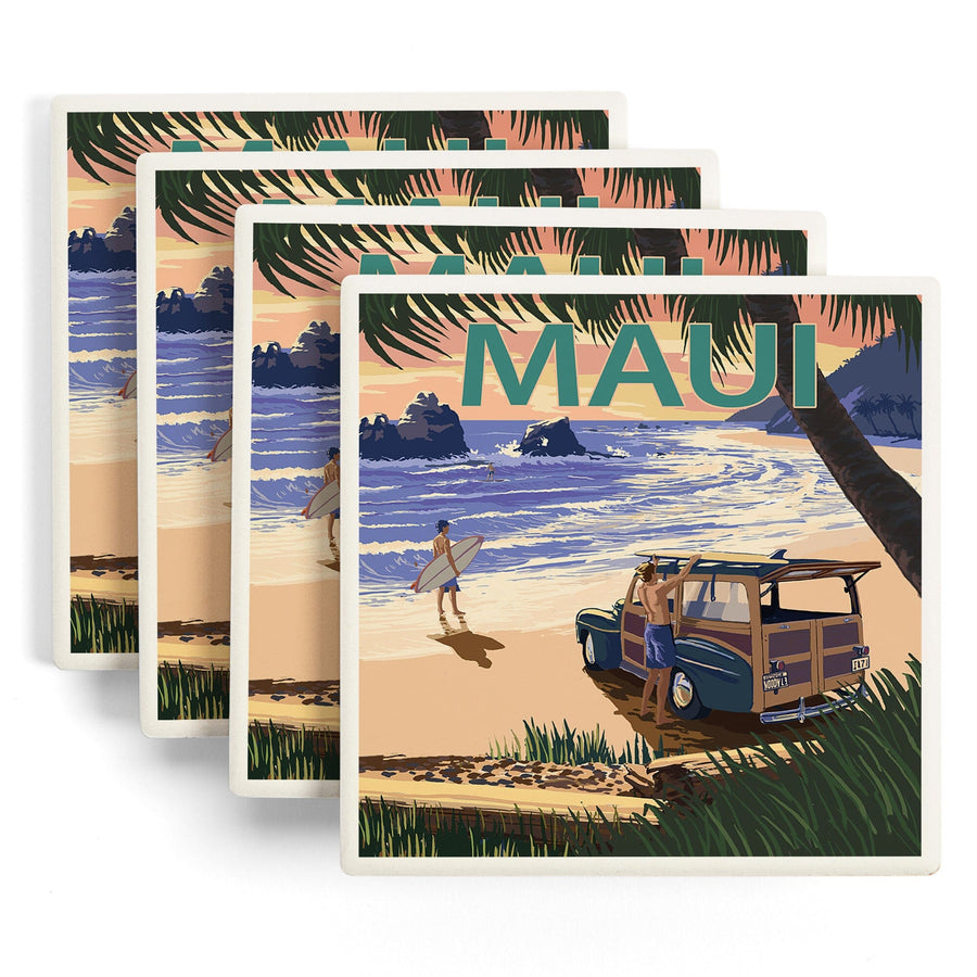 Maui, Hawaii, Woody and Beach, Lantern Press Artwork, Coaster Set - Lantern Press