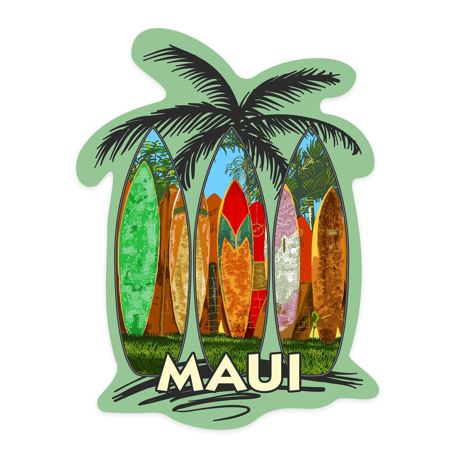 Maui, Surfboard Fence, Contour, Lantern Press Artwork, Vinyl Sticker - Lantern Press