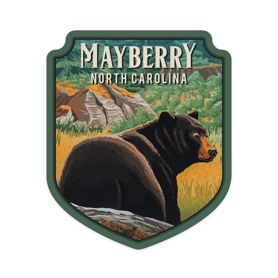 Mayberry North Carolina, Black Bear in Forest, Painterly, Contour, Vinyl Sticker Sticker Lantern Press 