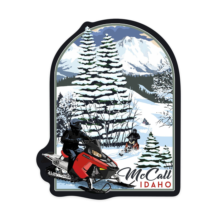 McCall, Idaho, Snowmobile Scene, Contour, Vinyl Sticker Sticker Lantern Press 