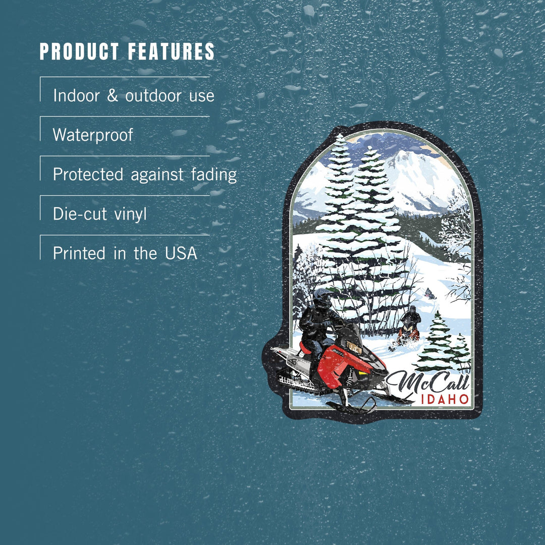 McCall, Idaho, Snowmobile Scene, Contour, Vinyl Sticker Sticker Lantern Press 
