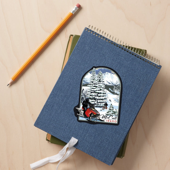 McCall, Idaho, Snowmobile Scene, Contour, Vinyl Sticker Sticker Lantern Press 