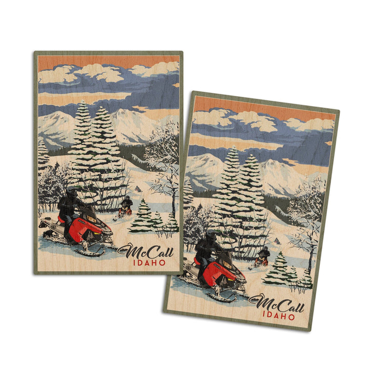 McCall, Idaho, Snowmobile Scene, Lantern Press Artwork, Wood Signs and Postcards Wood Lantern Press 4x6 Wood Postcard Set 