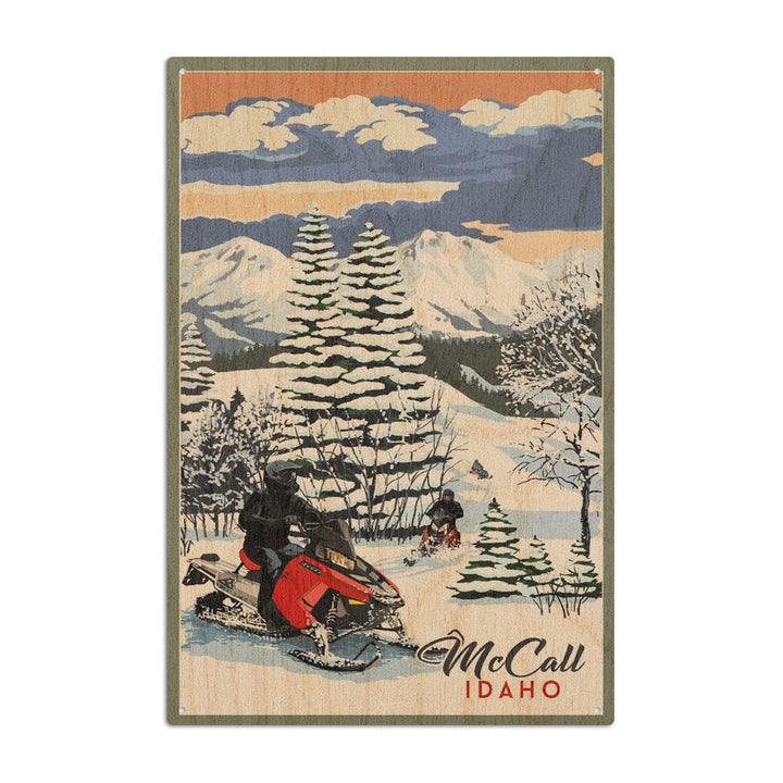 McCall, Idaho, Snowmobile Scene, Lantern Press Artwork, Wood Signs and Postcards Wood Lantern Press 6x9 Wood Sign 
